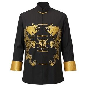 Hwa Hwa M(L) W(XL) Kung Fu Jacket‎ Black Gold Embroidered Dragon Satin Martial